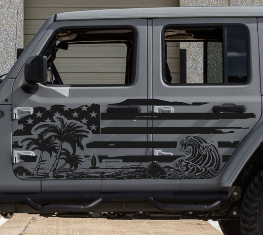 Distressed American Flag Beach Silhouette Decals for Jeep Wrangler JL, JK (4-Door) Doors