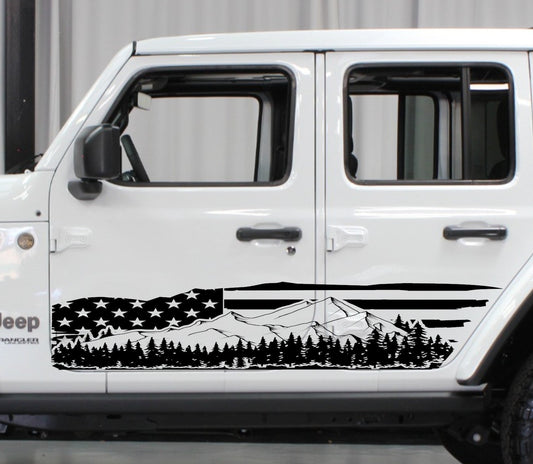 American Flag Mountain Silhouette Decals for Jeep Wrangler JL, JK (4-Door) Doors