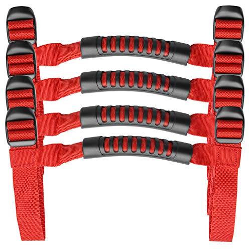 4 x Roll Bar Grab Handles Grip Handle Red Holder Compatible with Jeep Wrangler Accessory 1987-2021 YJ TJ LJ JK JL Sports Sahara Freedom Rubicon X & Unlimited