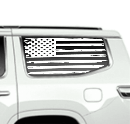 SET OF DISTRESSED AMERICAN FLAG DECAL STICKERS FOR JEEP WAGONEER REAR SIDE WINDOWS