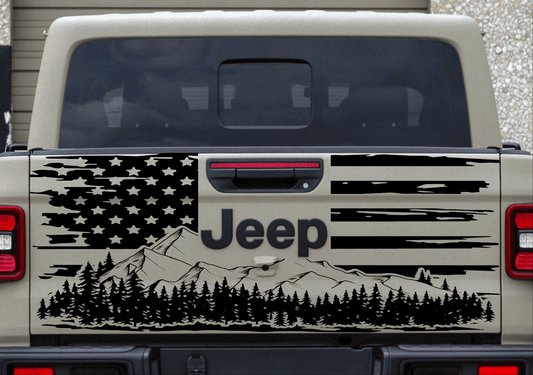 Jeep Gladiator Decal | Tailgate Distressed American Flag Mountain Silhouette Stickers