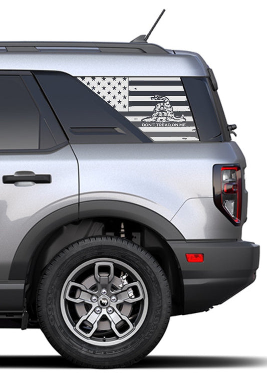 Set of Distressed American Flag "Don't Tread On Me"  Decals Stickers for  2021+ Ford Bronco Sport's Side Rear Quarter Windows