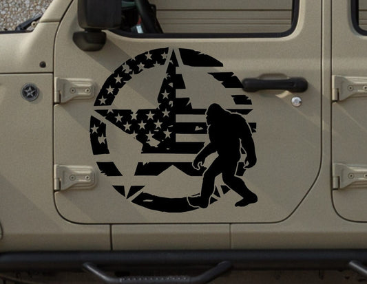 Bigfoot Sasquatch Military Star American Flag Decal Stickers Patriotic Decals For Jeeps, Trucks, SUVs, Cars Side Doors (UNIVERSAL)