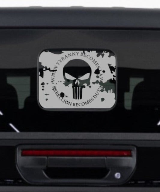 When Tyranny Becomes Law, Rebellion Becomes Duty. Punisher Decal for Jeep Gladiator Rear Window
