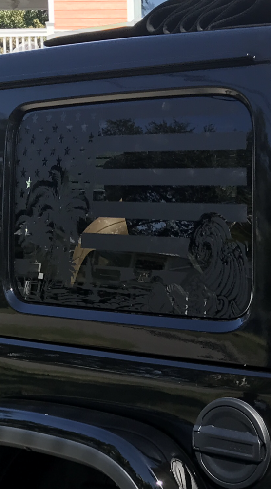 Distressed American Flag Beach Silhouette Decals for Jeep Wrangler JL, JK (4-Door/2-Door) Rear Side Windows