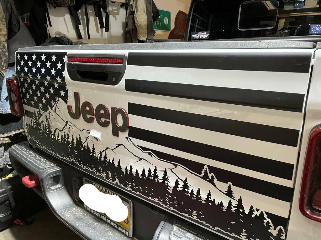 Jeep Gladiator Decal | Tailgate Distressed American Flag Mountain Silhouette Stickers