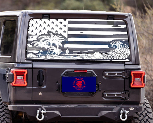 American Flag Beach Silhouette Decals for Jeep Wrangler JL, JK (4-Door/2-Door) Rear Back Window