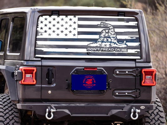 Distressed American Flag "Don't Tread On Me" Decals for Jeep Wrangler JL, JK (4-Door/2-Door) Rear Back Window