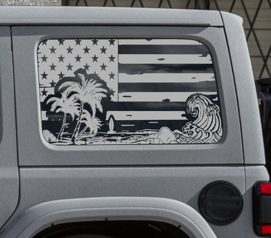 Distressed American Beach Silhouette Flag Decals for Jeep Wrangler JL, JK (4-Door/2-Door) Rear Side Windows