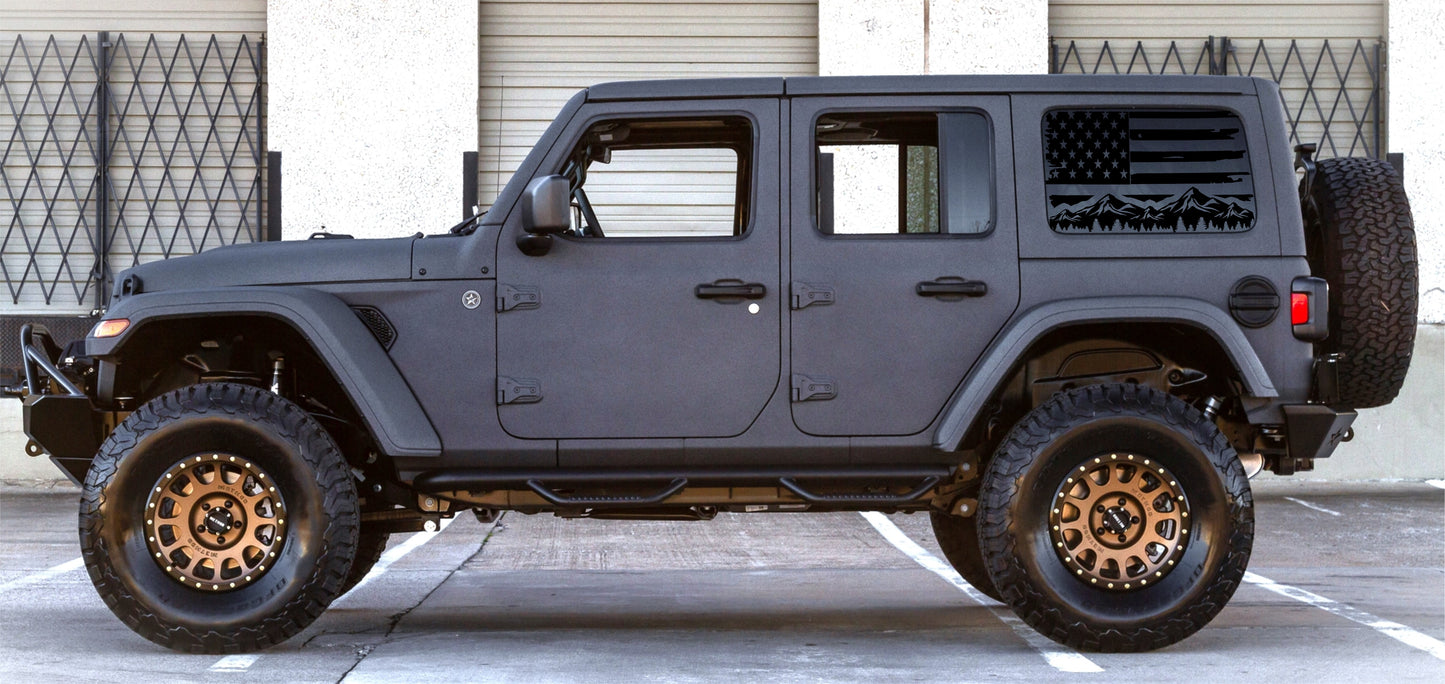 Distressed American Flag Mountain Silhouette Decals for Jeep Wrangler JL, JK (4-Door/2-Door) Rear Side Windows