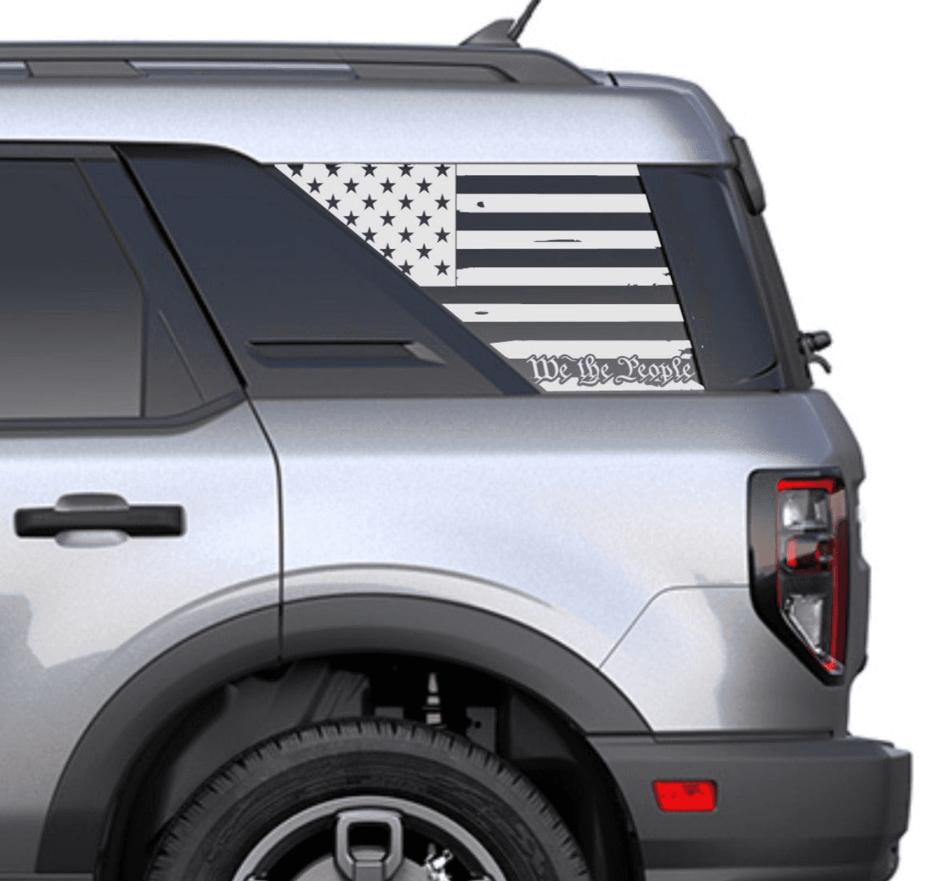 Set of We The People Distressed American Flag Decals Stickers for  2021+ Ford Bronco Sport's Side Rear Quarter Windows