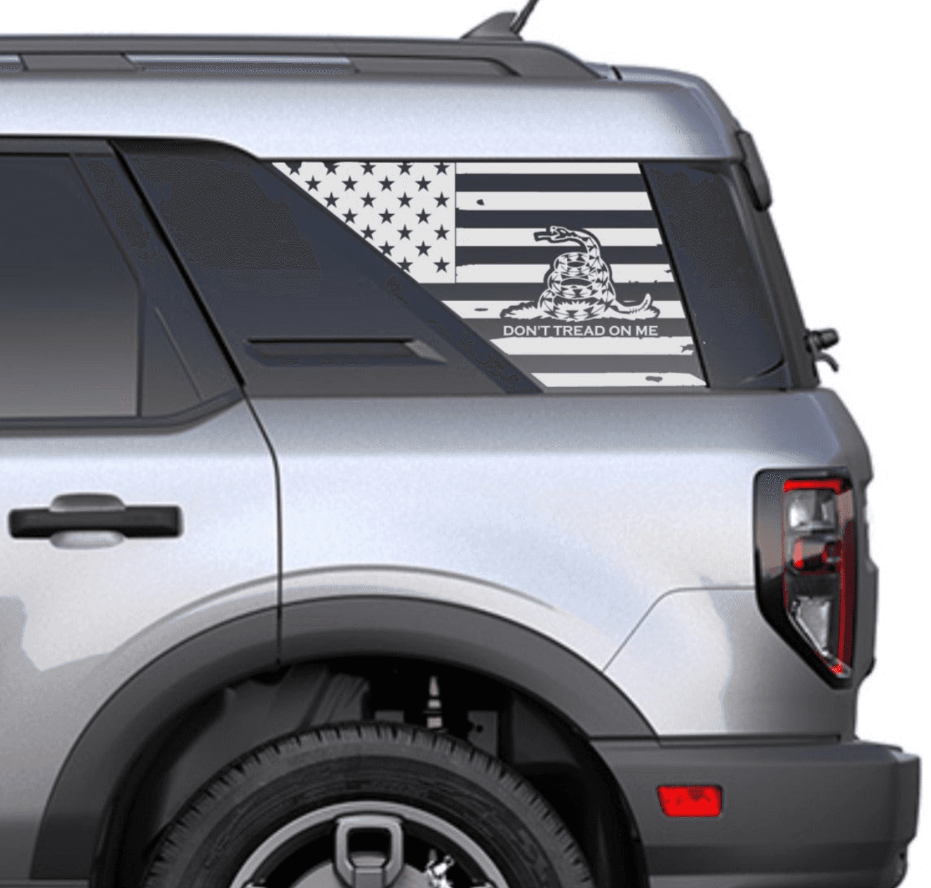 Set of Distressed American Flag "Don't Tread On Me"  Decals Stickers for  2021+ Ford Bronco Sport's Side Rear Quarter Windows