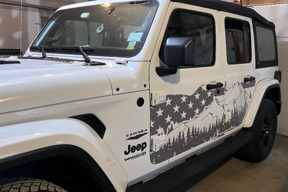 Distressed American Flag Mountain Silhouette Decals for Jeep Wrangler JL, JK (4-Door) Doors