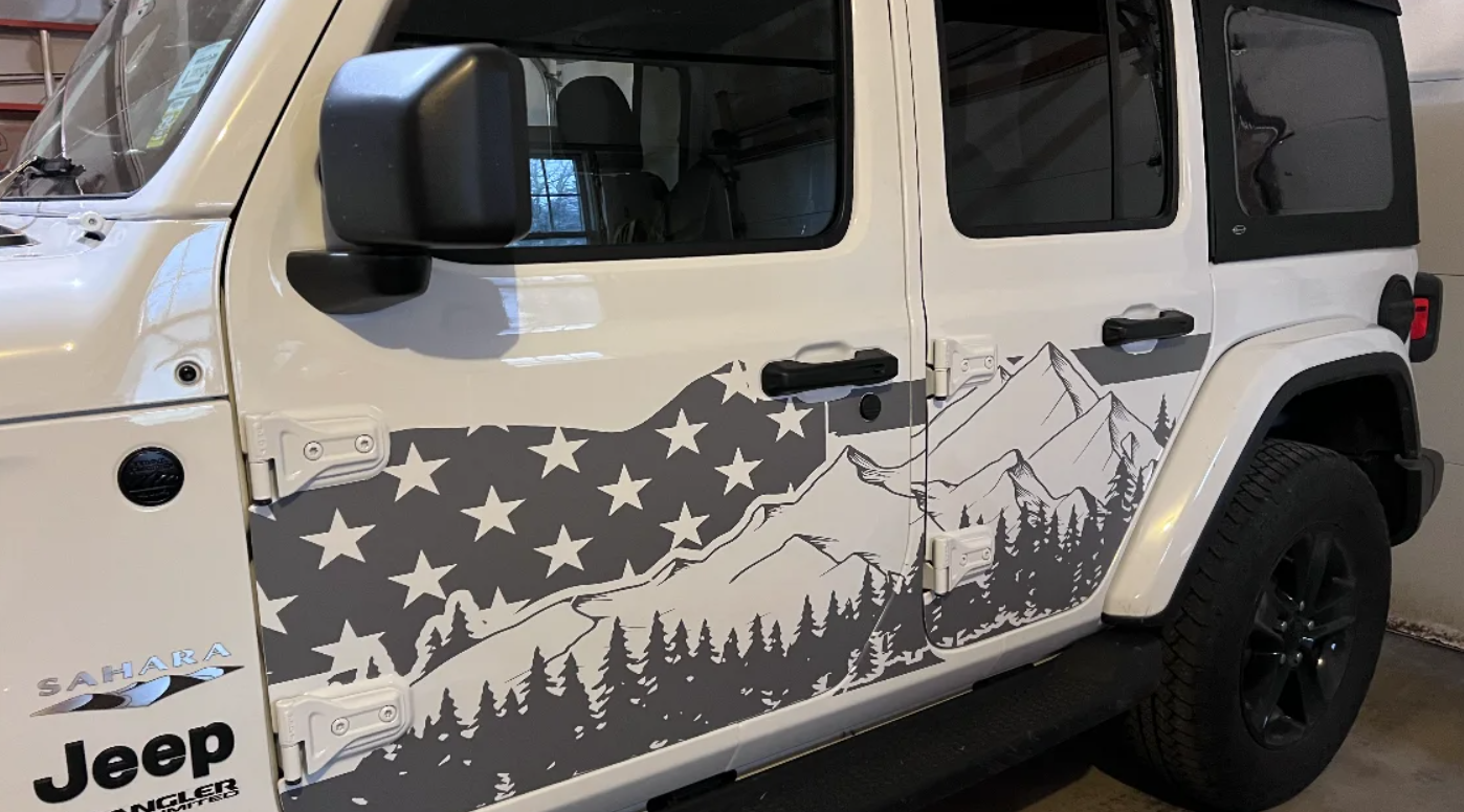 Distressed American Flag Mountain Silhouette Decals for Jeep Wrangler JL, JK (4-Door) Doors