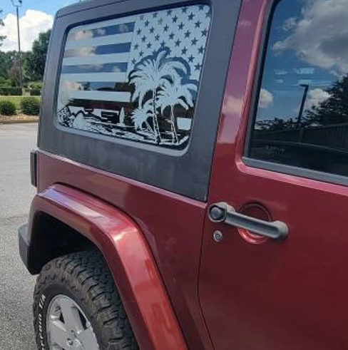Distressed American Flag Beach Silhouette Decals for Jeep Wrangler JL, JK (4-Door/2-Door) Rear Side Windows