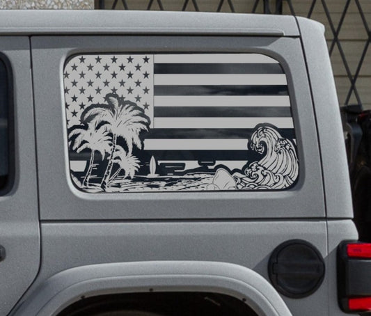 Distressed American Beach Silhouette Flag Decals for Jeep Wrangler JL, JK (4-Door/2-Door) Rear Side Windows
