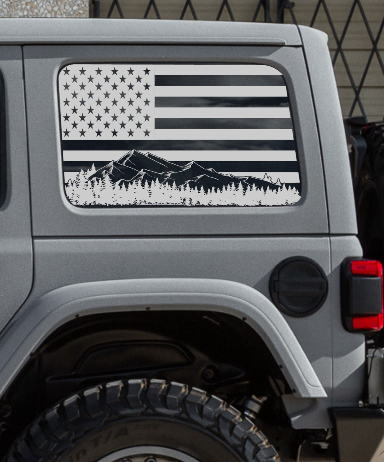 Distressed American Flag Mountain Silhouette Decals for Jeep Wrangler JL, JK (4-Door/2-Door) Rear Side Windows