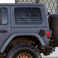 a jeep with an american flag decal on it