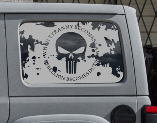 Punisher "When Tyranny Becomes Law, Rebellion Becomes Duty" Decals for Jeep Wrangler JL, JK (4-Door/2-Door) Rear Side Windows