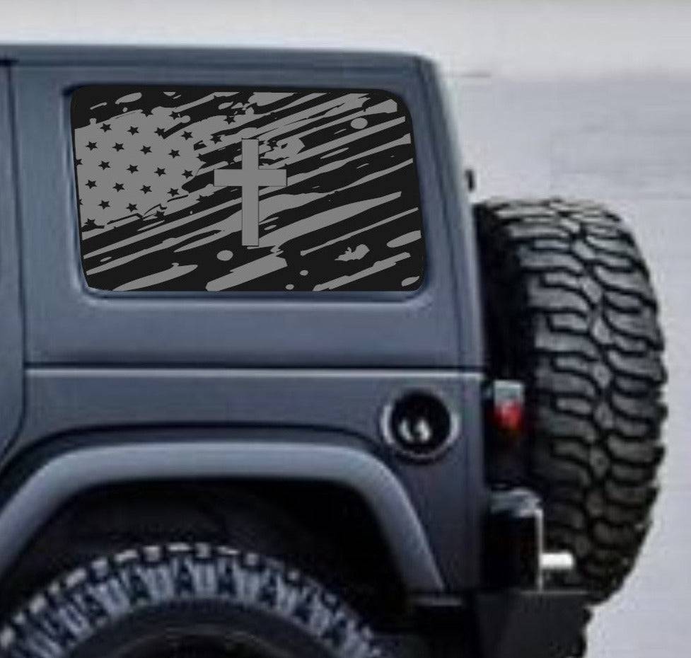 SET OF AMERICAN FLAG INSPIRED VINYL DECAL W/ CROSS for JEEP WRANGLER 4-DOOR JK 2007-2017