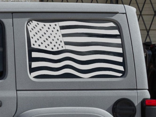 Set of Waving Distressed American Flag Decals for Jeep Wrangler JL JK  4-Door Rear Side Windows
