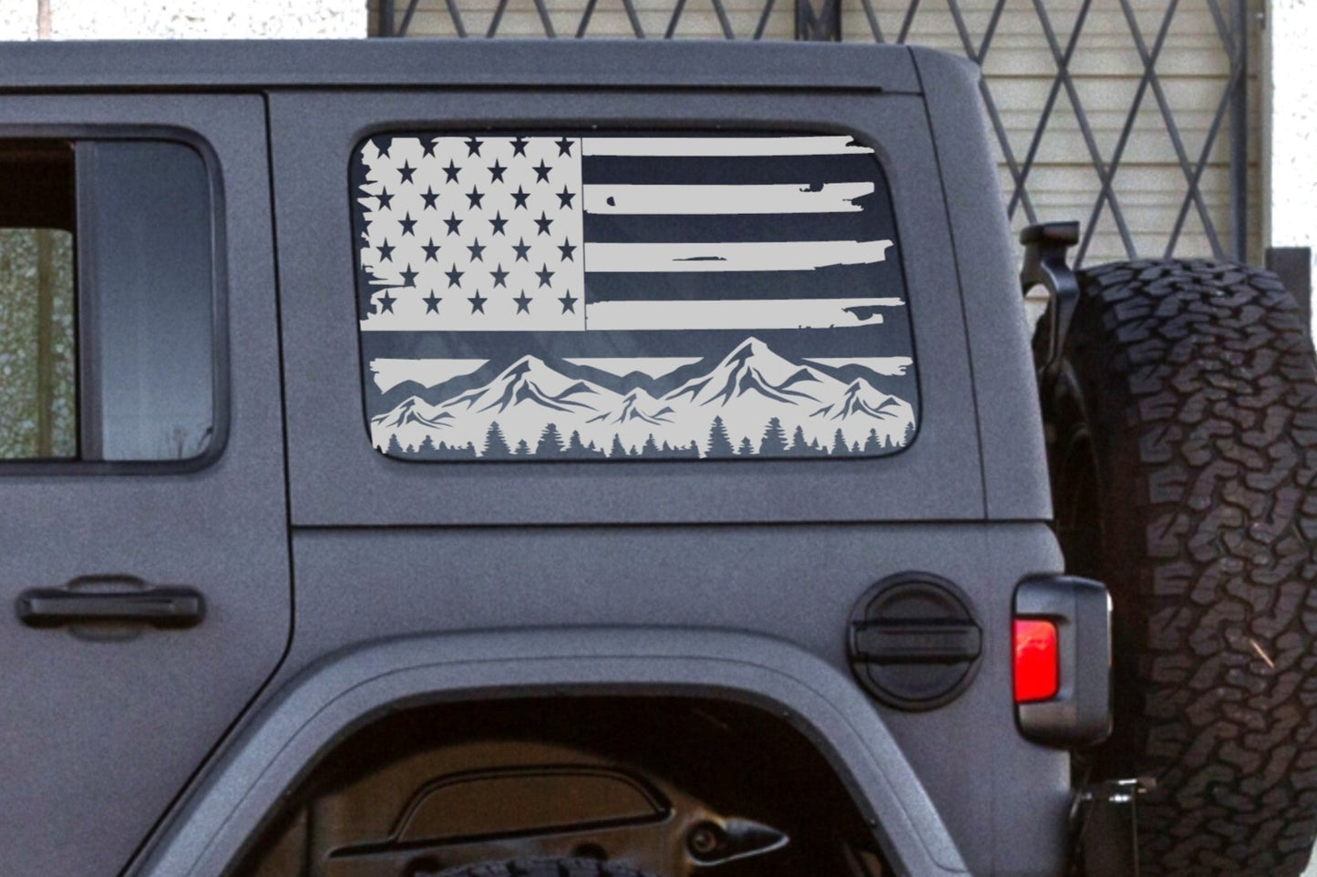 Jeep Wrangler JL JK Decals 4-Door Rear Side Windows American Flag Mountain Silhouette Decals