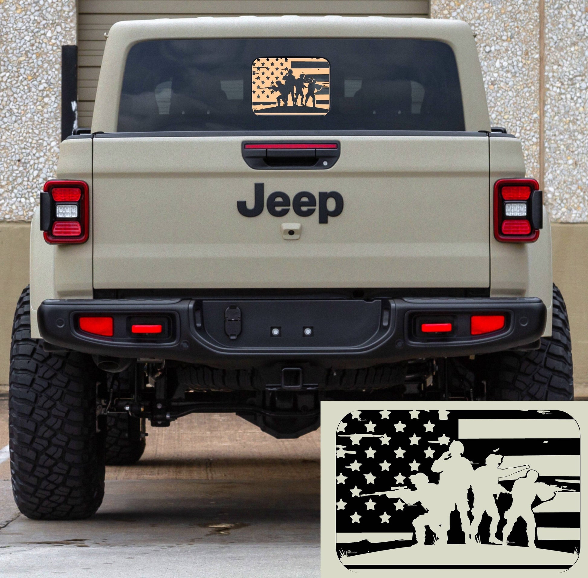 Distressed American Flag/Military Men Vinyl Decal for Jeep Gladiator's Small Back Rear Window