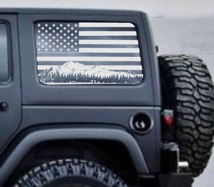 Jeep Wrangler JK Decals Stickers Set of American Flag Mountain Silhouette Vinyl Decal For 4-Door 2006-2017JK Rear Side Windows
