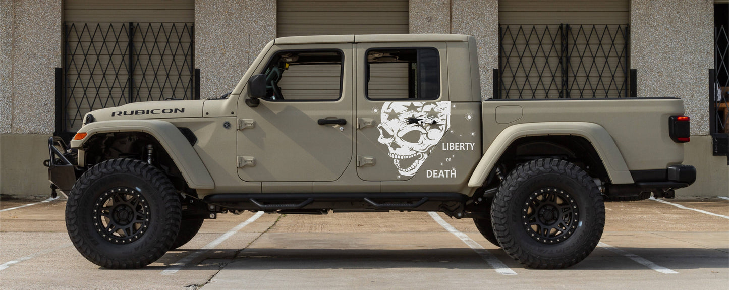 Set of American Flag Patriotism Patriots Inspired Skull Punisher "LIBERTY OR DEATH" Side Door Decals For Jeep Gladiator Trucks