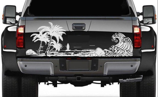 Universal Trucks, SUV's, Vans' Decal Beach Silhouette Palm Trees Surf Tailgate Sticker