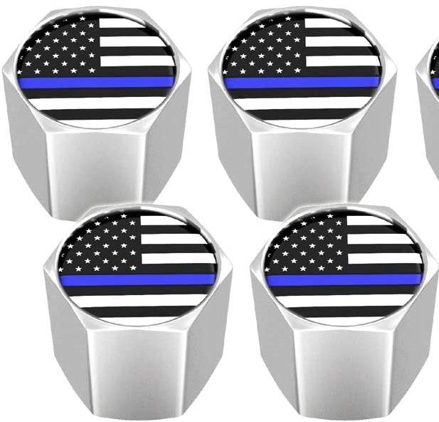 4pc. American Flag American Flag "Blue Lives Matter" Chrome Tire Valve Stem Caps Universal For Cars, SUVs, Bike, Bicycle, Trucks, Motorcycles