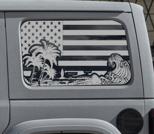 Jeep Wrangler JL Decals Beach Silhouette Palm Trees Waves American Flag Vinyl Decal Stickers for 4-Door Rear Side Windows