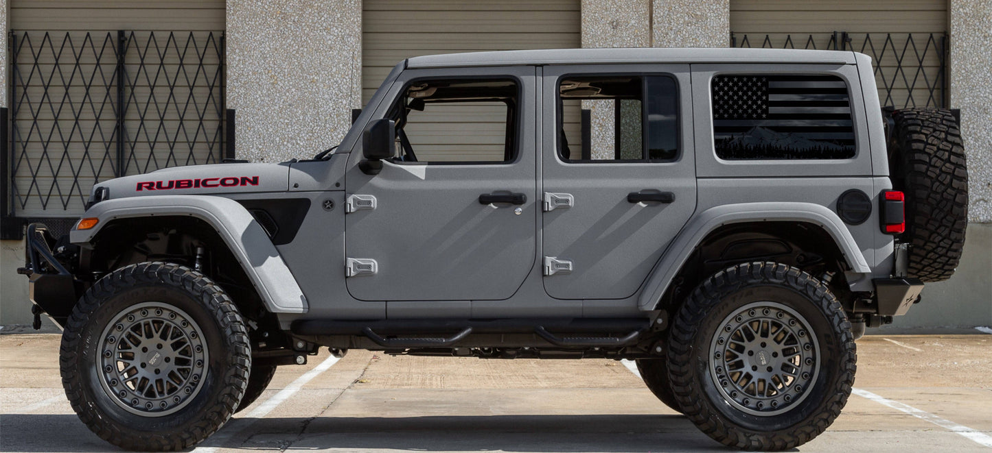 SET OF AMERICAN FLAG W/ MOUNTAIN SILHOUETTE VINYL DECALS FOR JEEP WRANGLER JL 4-DOOR REAR SIDE WINDOWS