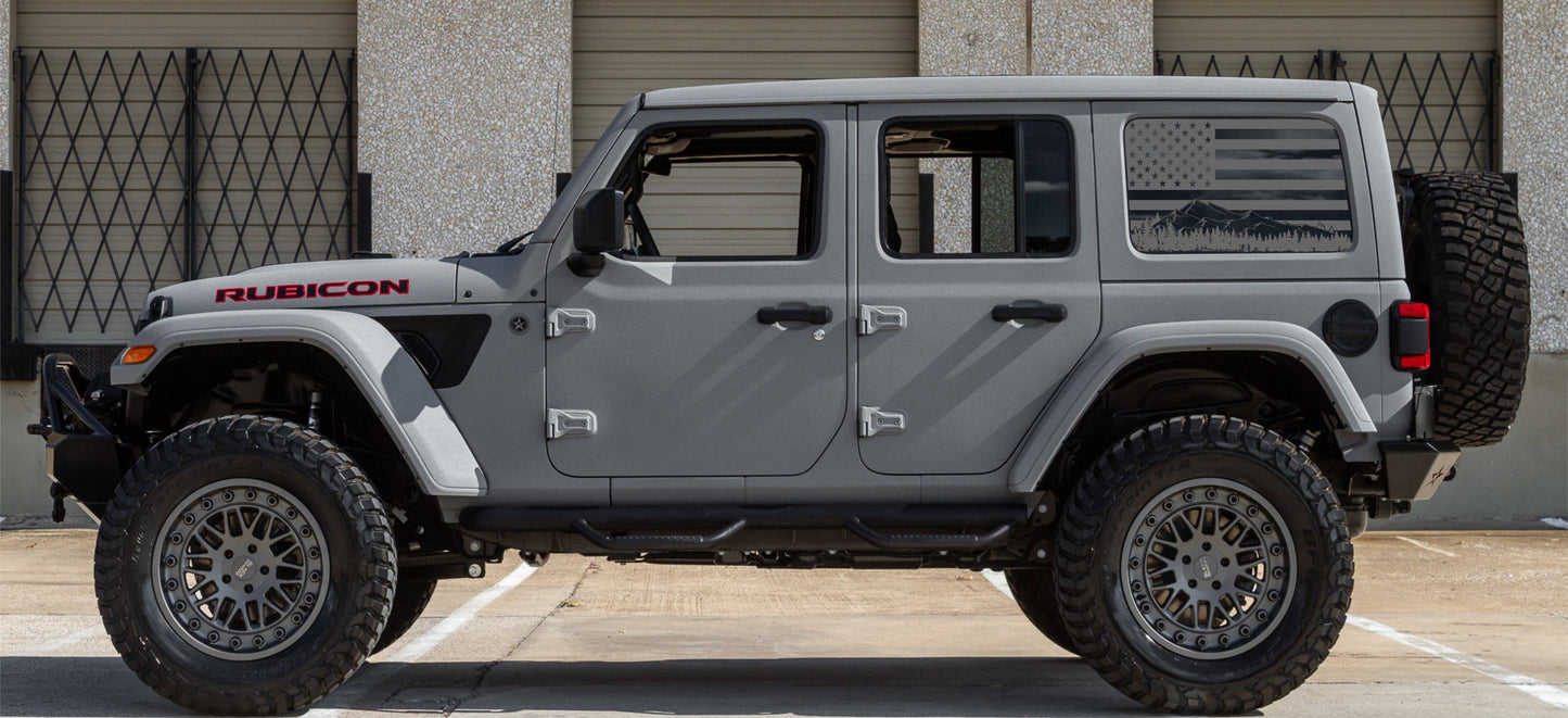 SET OF AMERICAN FLAG W/ MOUNTAIN SILHOUETTE VINYL DECALS FOR JEEP WRANGLER JL 4-DOOR REAR SIDE WINDOWS