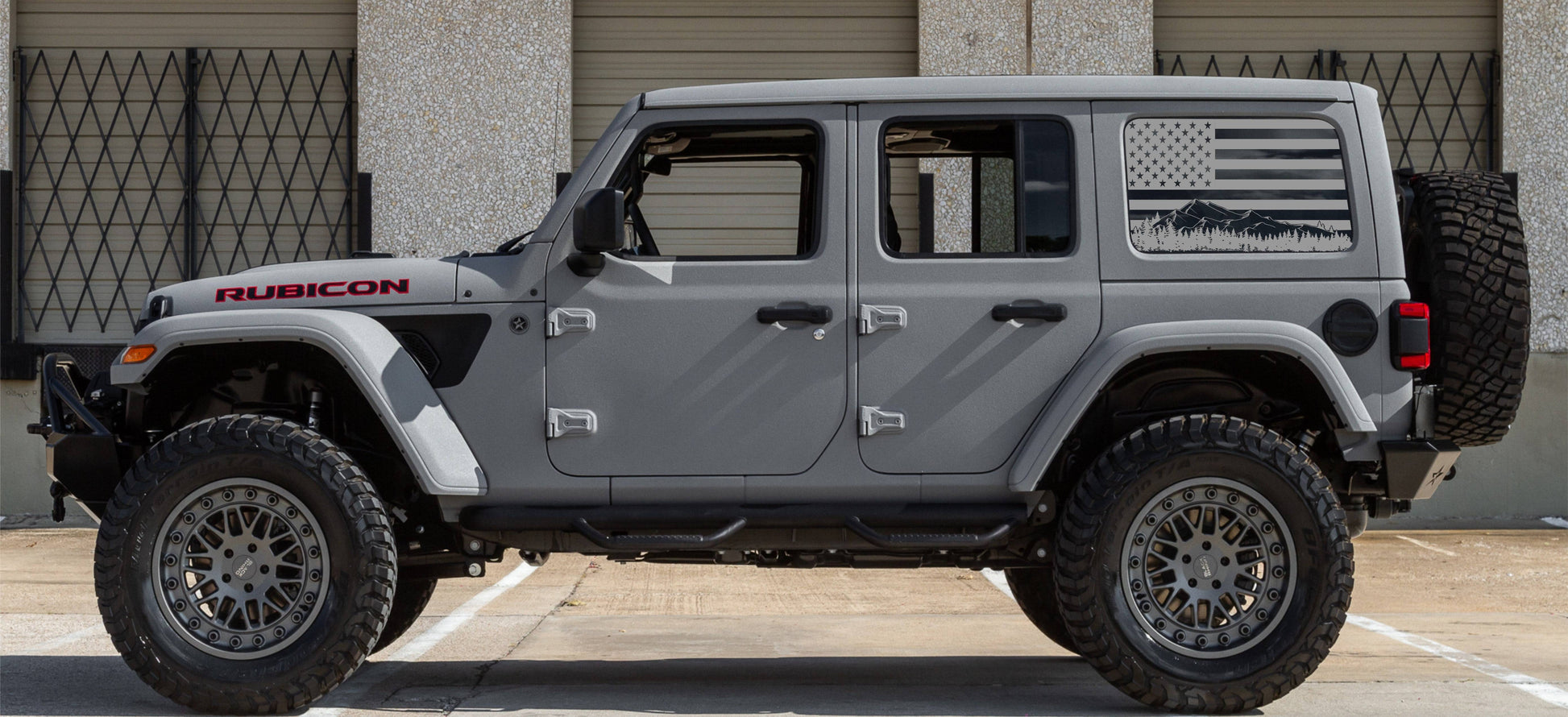 SET OF AMERICAN FLAG W/ MOUNTAIN SILHOUETTE VINYL DECALS FOR JEEP WRANGLER JL 4-DOOR REAR SIDE WINDOWS