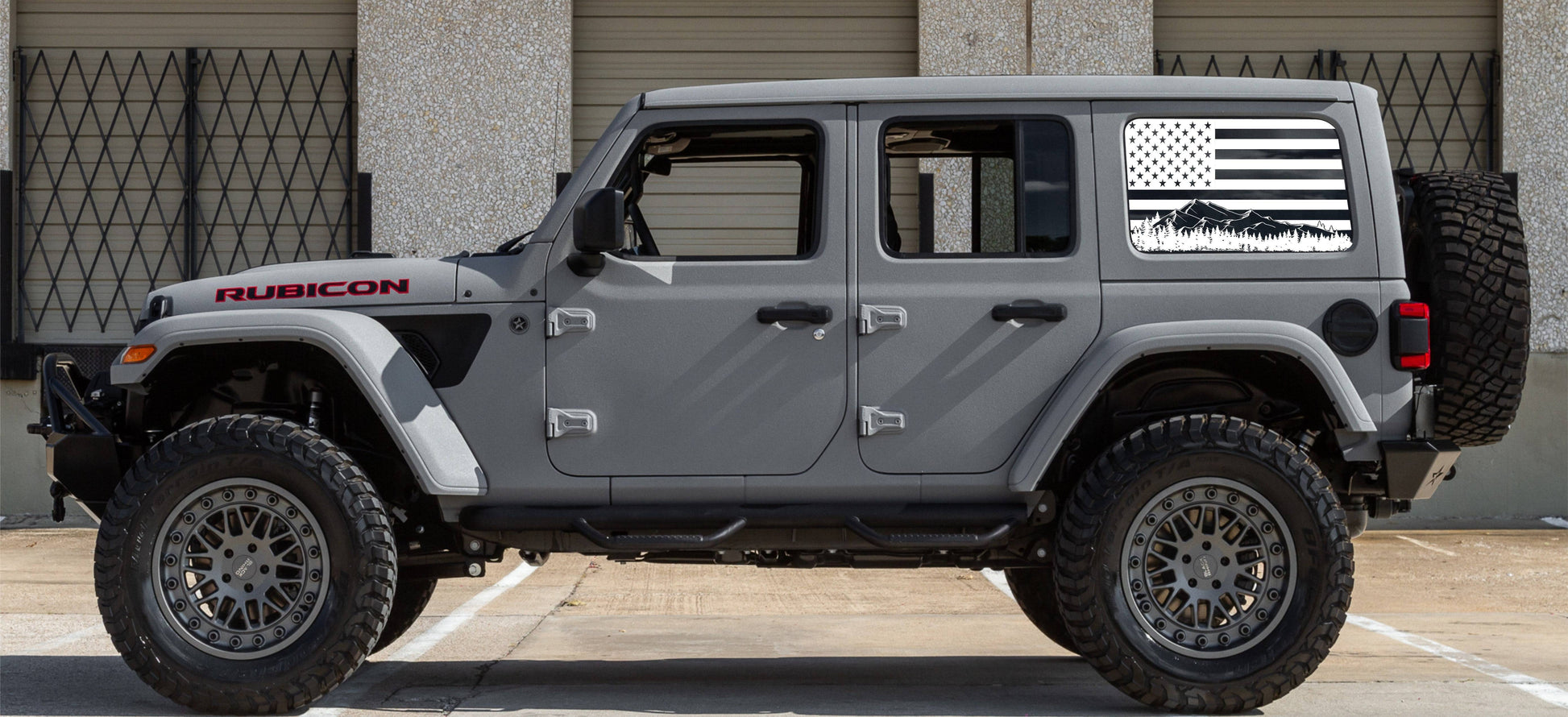 SET OF AMERICAN FLAG W/ MOUNTAIN SILHOUETTE VINYL DECALS FOR JEEP WRANGLER JL 4-DOOR REAR SIDE WINDOWS