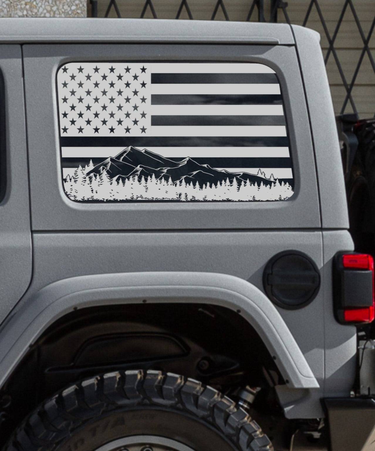 SET OF AMERICAN FLAG W/ MOUNTAIN SILHOUETTE VINYL DECALS FOR JEEP WRANGLER JL 4-DOOR REAR SIDE WINDOWS