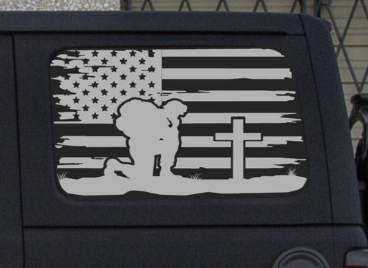 Kneeling Soldier Cross American Flag Decals for Jeep Wrangler JL, JK  4-Door Rear Side Windows