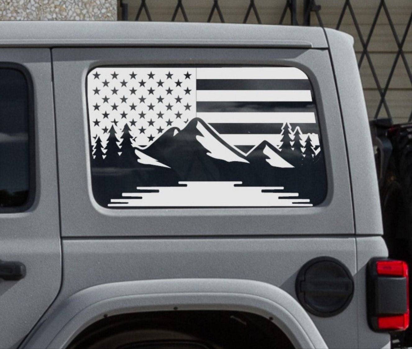 Set of American Flag Mountain Silhouette Vinyl Decal for Jeep Wrangler JL 4-Door Rear Side Windows