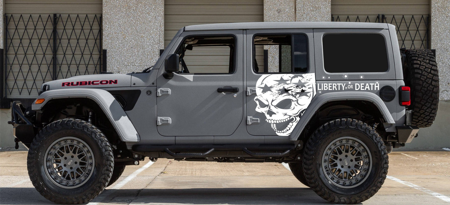 Set of American Flag Patriotism Inspired Skull Punisher "LIBERTY OR DEATH" Side Door Decals For Jeep Wrangler JL 4-door or JK 4-Door