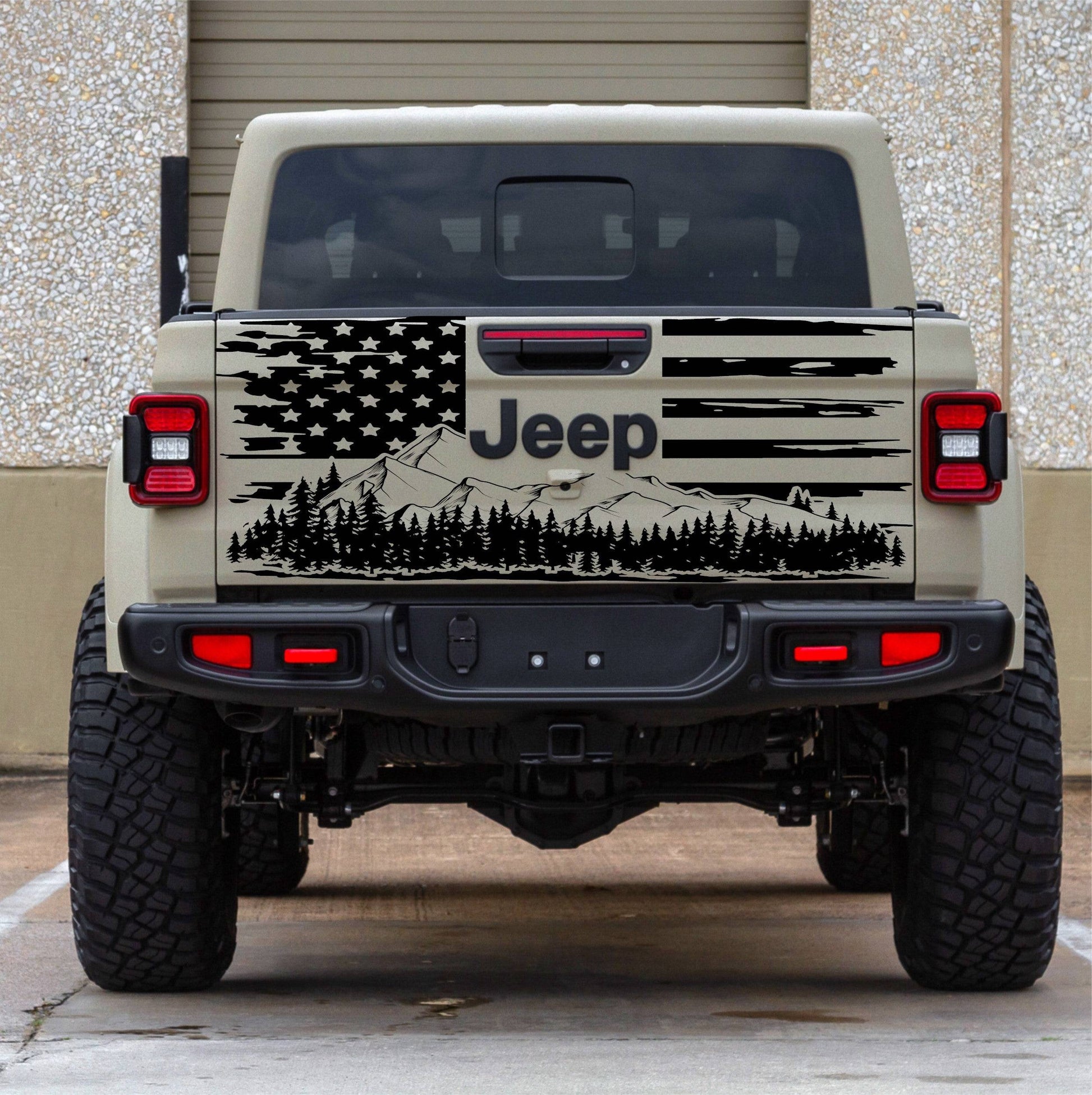 Distressed American Flag Mountain Silhouette Vinyl Decal for Jeep Gladiator's Tailgate